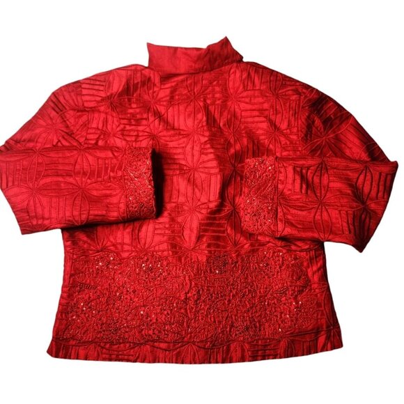 Vintage Anage Red Silk Jacket Topper Coat Boho Beaded Embroidered Blazer Medium - Picture 4 of 11